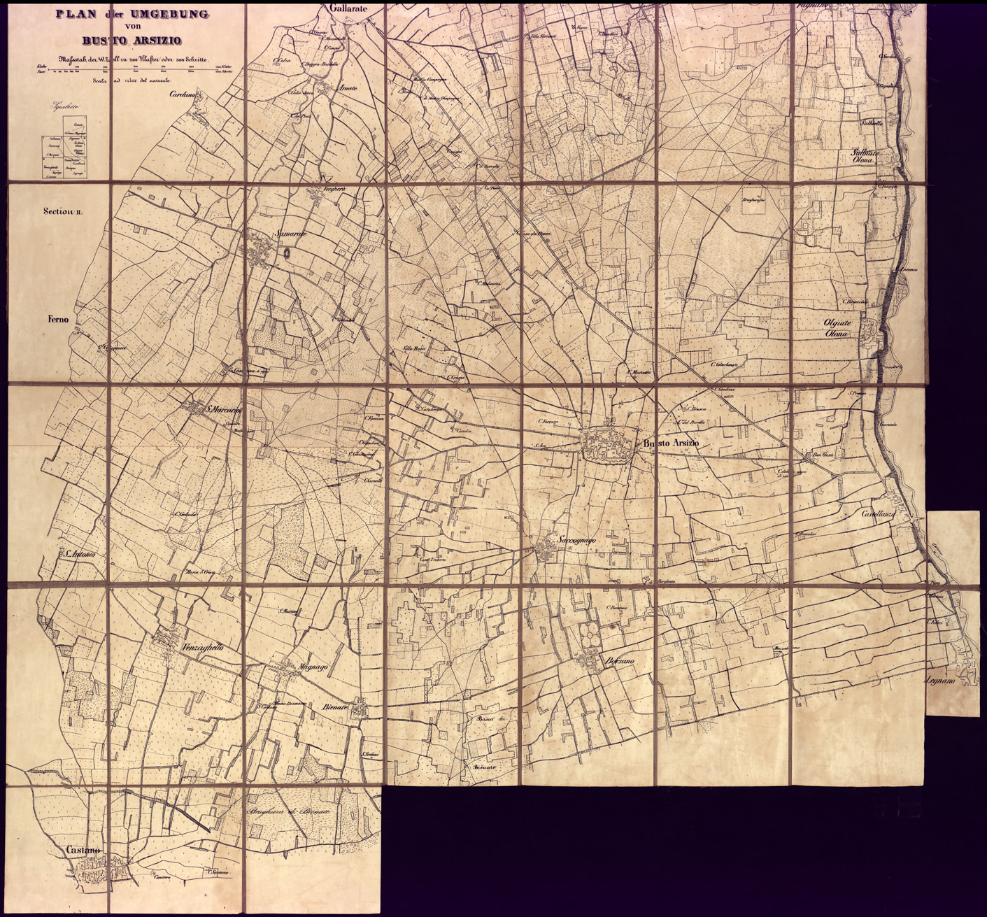 (N:14062) PLAN DER UMGEBUNG VON BUSTO ARSIZIO MAFSSTAS, DER W: ZOLL ZU 200 KLAFTER ODER 500 SCHRITTE (B0003159, B0003160, B3159-60) Carte e stampe antiche: riproduzione a colori su carta (formato A1)