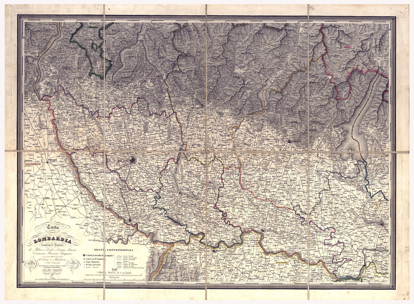 (N:3436) CARTA DELLA LOMBARDIA CONTENENTE LE PROVINCIE DI MILANO, LODI E CREMA, PAVIA, CREMONA, BRESCIA, BERGAMO CON GRANDE PARTE DI QUELLA DI COMO, E MANTOVA E STATI LIMITROFI CON L'INDICAZIONE DI TUTTE LE (SIC) COMUNI E STRADE DI PRINCIPALE 
COMUNICAZIONE (B0003188) Carte e stampe antiche: riproduzione a colori su carta (formato A1)