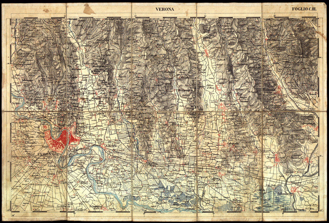 (N:3480) CARTA DELLA PARTE CENTRALE DELL'ALTA ITALIA AUTOGRAFATA NELL'UFFICIO TOPOGRAFICO DEL CORPO REALE DELLO STATO MAGGIORE - Foglio C III VERONA (B0003354) Carte e stampe antiche: riproduzione a colori su carta (formato A1)