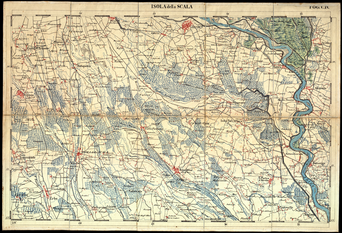 (N:3468) CARTA DELLA PARTE CENTRALE DELL'ALTA ITALIA AUTOGRAFATA NELL'UFFICIO TOPOGRAFICO DEL CORPO REALE DELLO STATO MAGGIORE - Foglio C IV ISOLA DELLA SCALA (B0003355) Carte e stampe antiche: riproduzione a colori su carta (formato A1)