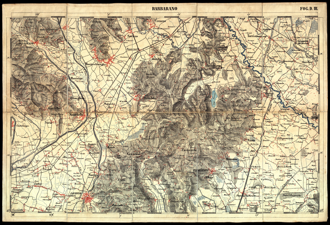 (N:3461) CARTA DELLA PARTE CENTRALE DELL'ALTA ITALIA AUTOGRAFATA NELL'UFFICIO TOPOGRAFICO DEL CORPO REALE DELLO STATO MAGGIORE - Foglio D III - BARBARANO (B0003360) Carte e stampe antiche: riproduzione a colori su carta (formato A1)