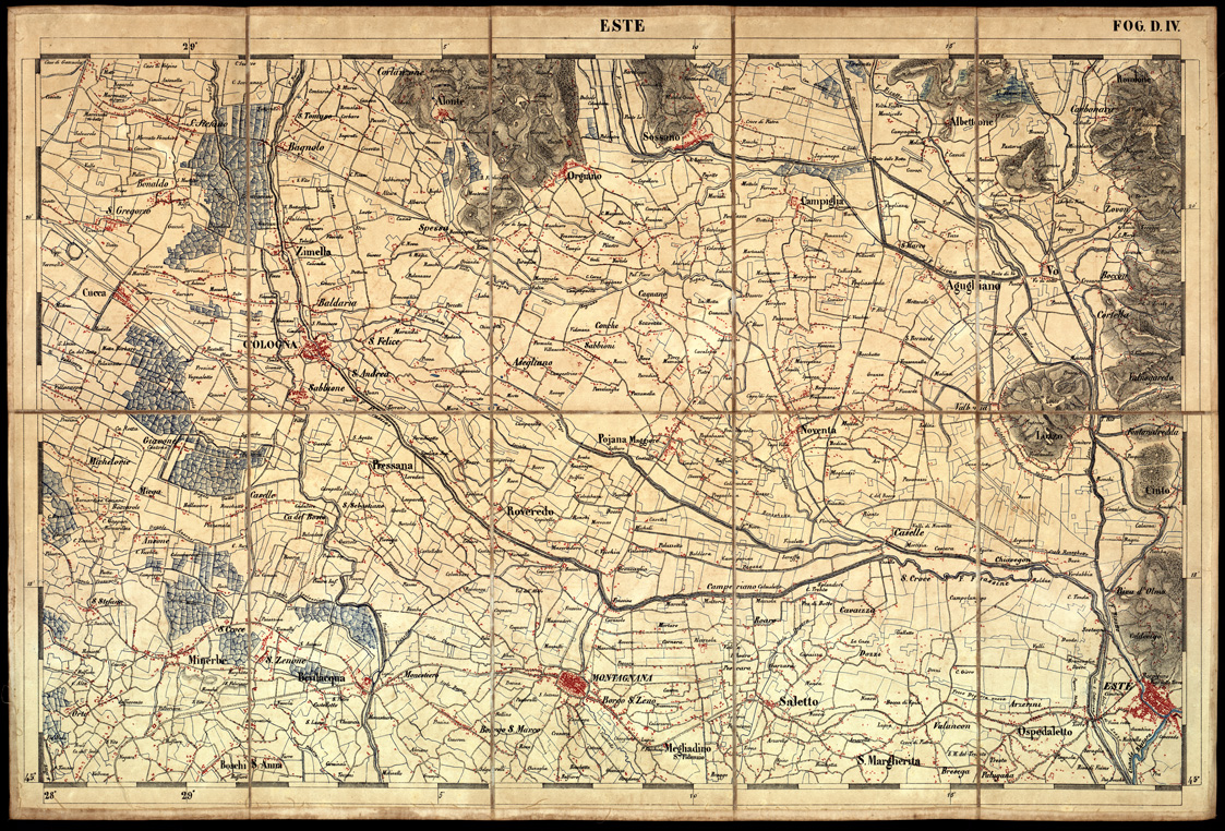 (N:3466) CARTA DELLA PARTE CENTRALE DELL'ALTA ITALIA AUTOGRAFATA NELL'UFFICIO TOPOGRAFICO DEL CORPO REALE DELLO STATO MAGGIORE - Foglio D IV - ESTE (B0003361) Carte e stampe antiche: riproduzione a colori su carta (formato A1)