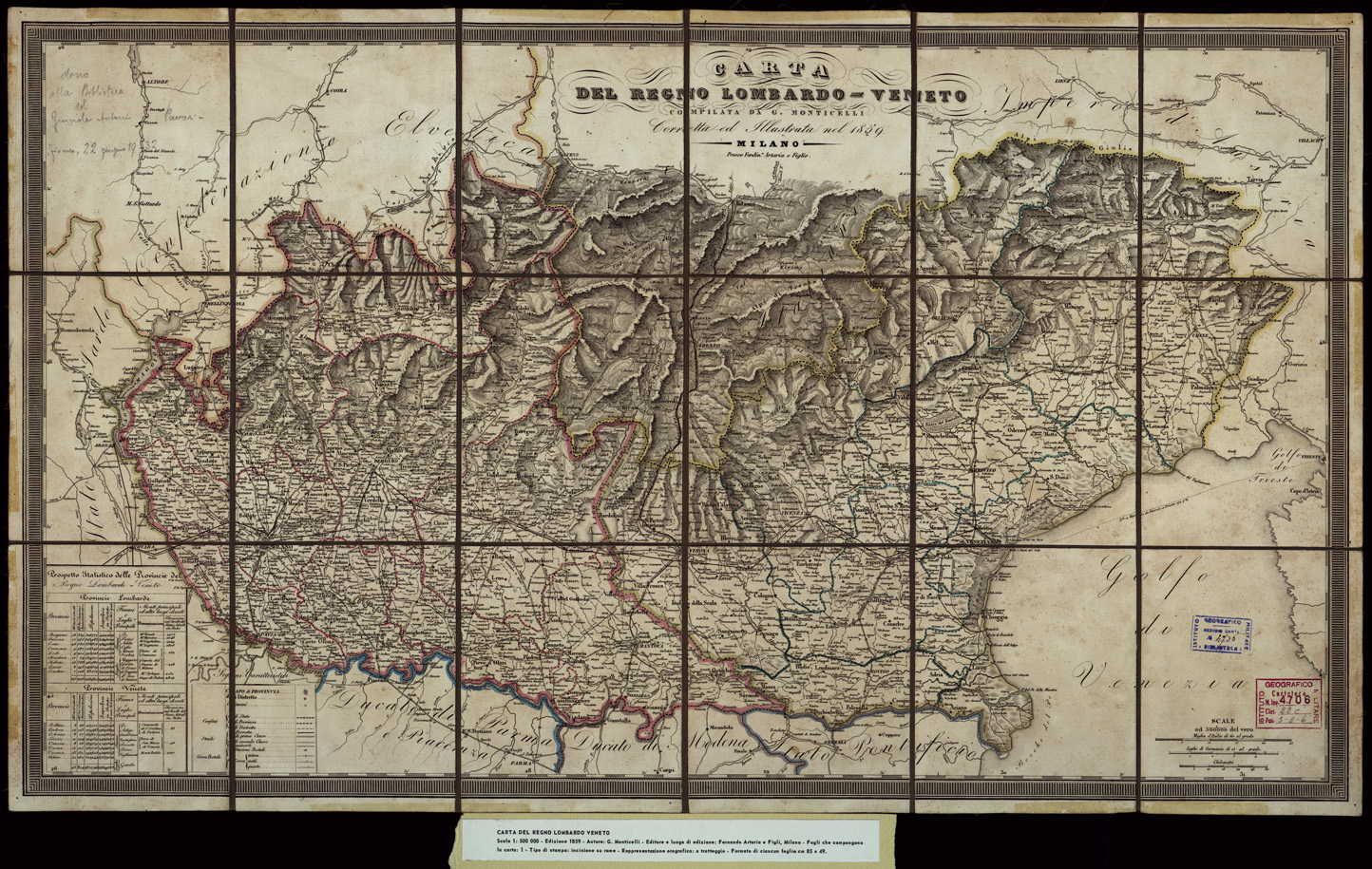 (N:2106) CARTA DEL REGNO LOMBARDO - VENETO COMPILATA DA G. MONTICELLI CORRETTA ED ILLUSTRATA NEL 1859. MILANO, PRESSO FERD. ARTARIA E FIGLIO (B0003926) Carte e stampe antiche: riproduzione a colori su carta (formato A1)