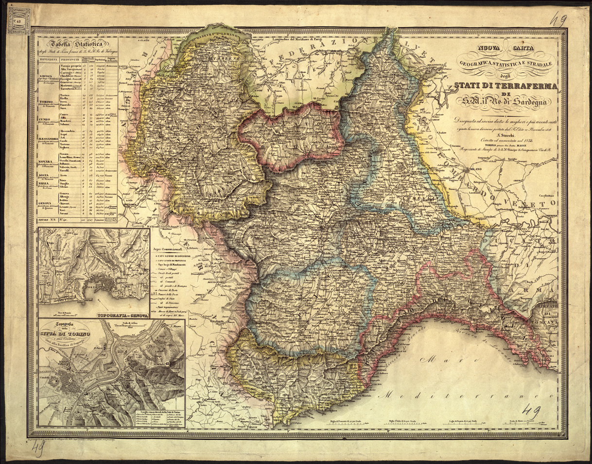 (N:13029) NUOVA CARTA GEOGRAFICA, STATISTICA E STRADALE DEGLI STATI DI TERRAFERMA DI S. M. IL RE DI SARDEGNA. DISEGNATA E INCISA DIETRO LE MIGLIORI E PIU' RECENTI CARTE E GIUSTA LA NUOVA DIVISIONE PORTATA DAL R. EDITO 10/11/1818. A. STUCCHI, CORRETTA E AUMENTATA. (B0004137) Carte e stampe antiche: riproduzione a colori su carta (formato A1)