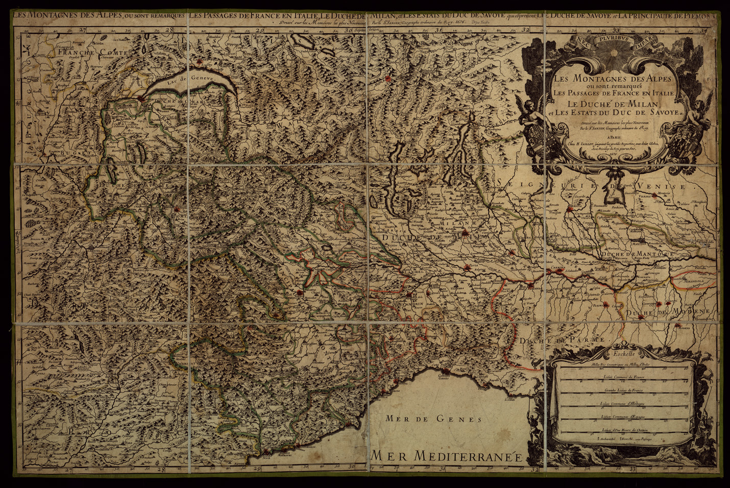 (N:11567) LES MONTAGNES DES ALPES OU SONT REMARQUES LES PASSAGES DE FRANCE EN ITALIE LE DUCHE DE MILAN ET LES ESTATS DU DUC DE SAVOYE. DRESSE SUR LES MEMOIRES LES PLUS NOUVEAUX PAR LE S. SANSON GEOGRAPHE ORDINAIRE DU ROY A PARIS CHEZ H. JAILLOT, ECC. (B0004139) Carte e stampe antiche: riproduzione a colori su carta (formato A1)