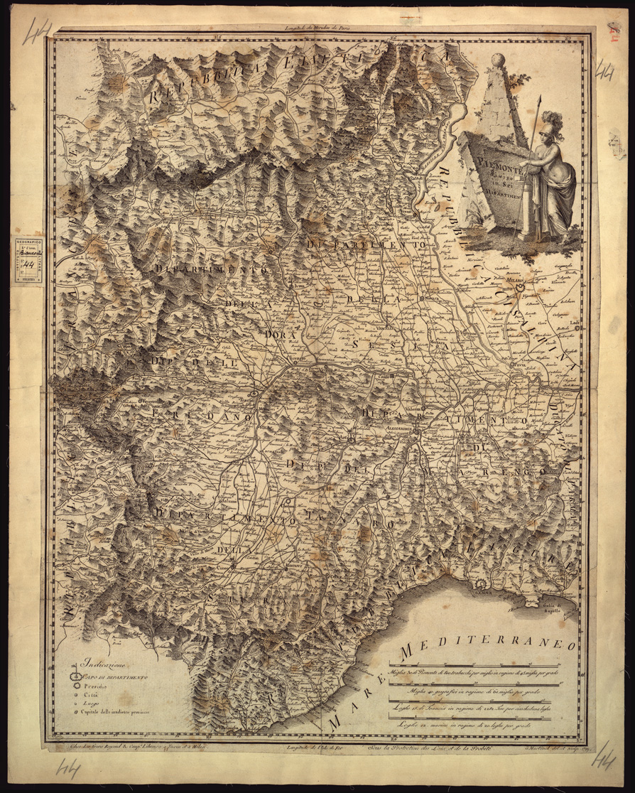 (N:14043) PIEMONTE DIVISO IN SEI DIPARTIMENTI (B0004142) Carte e stampe antiche: riproduzione a colori su carta (formato A1)