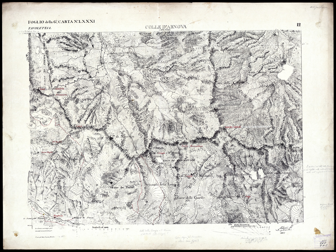 (N:3044) CARTA DELLA CONTEA DI NIZZA - Foglio 12 - Colle d' Arnova (B0004184) Carte e stampe antiche: riproduzione a colori su carta (formato A1)