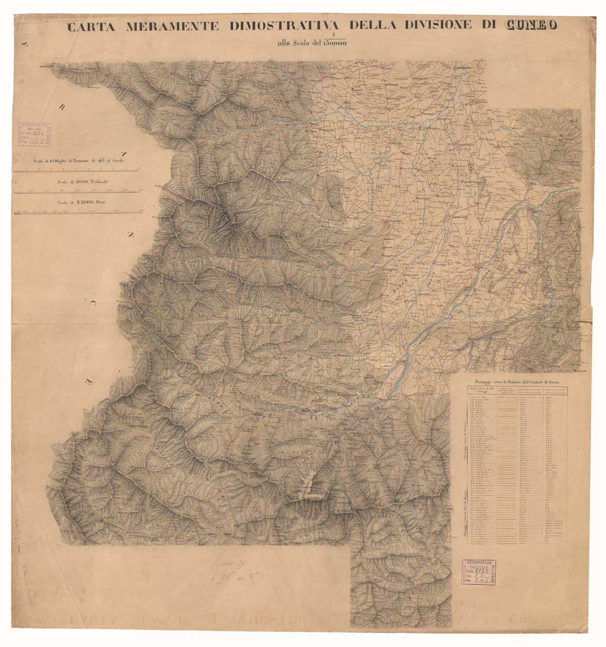 (N:4248) CARTA MERAMENTE DIMOSTRATIVA DELLA DIVISIONE DI CUNEO (B0004267) Carte e stampe antiche: riproduzione a colori su carta (formato A1)