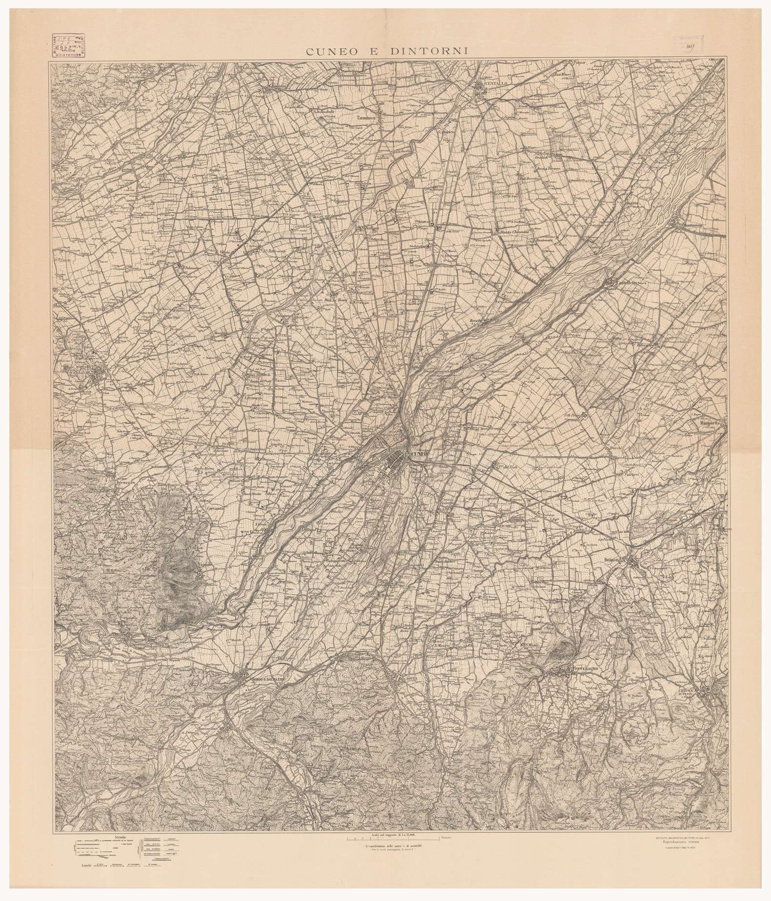 (N:9280) CUNEO E DINTORNI (B0004276) Carte e stampe antiche: riproduzione a colori su carta (formato A1)
