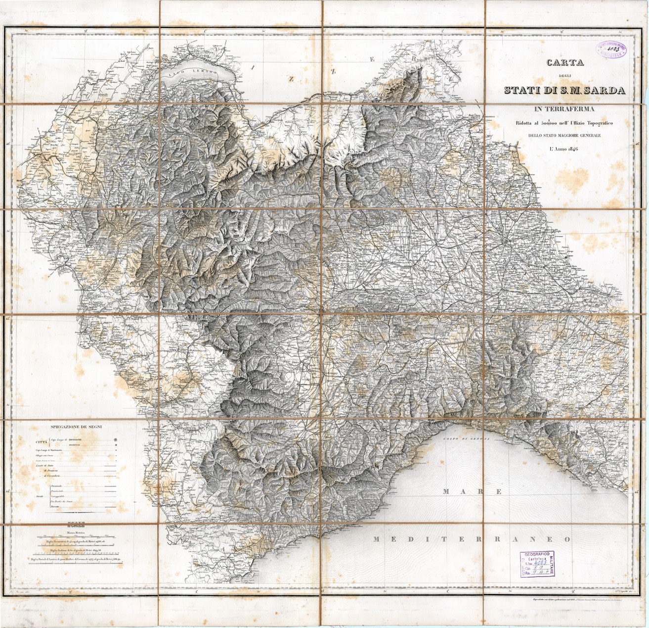 (N:1410) CARTA DEGLI STATI DI S. M. SARDA IN TERRAFERMA RIDOTTA NELL'UFFIZIO TOPOGRAFICO DELLO STATO MAGGIORE GENERALE (B0004283) Carte e stampe antiche: riproduzione a colori su carta (formato A1)
