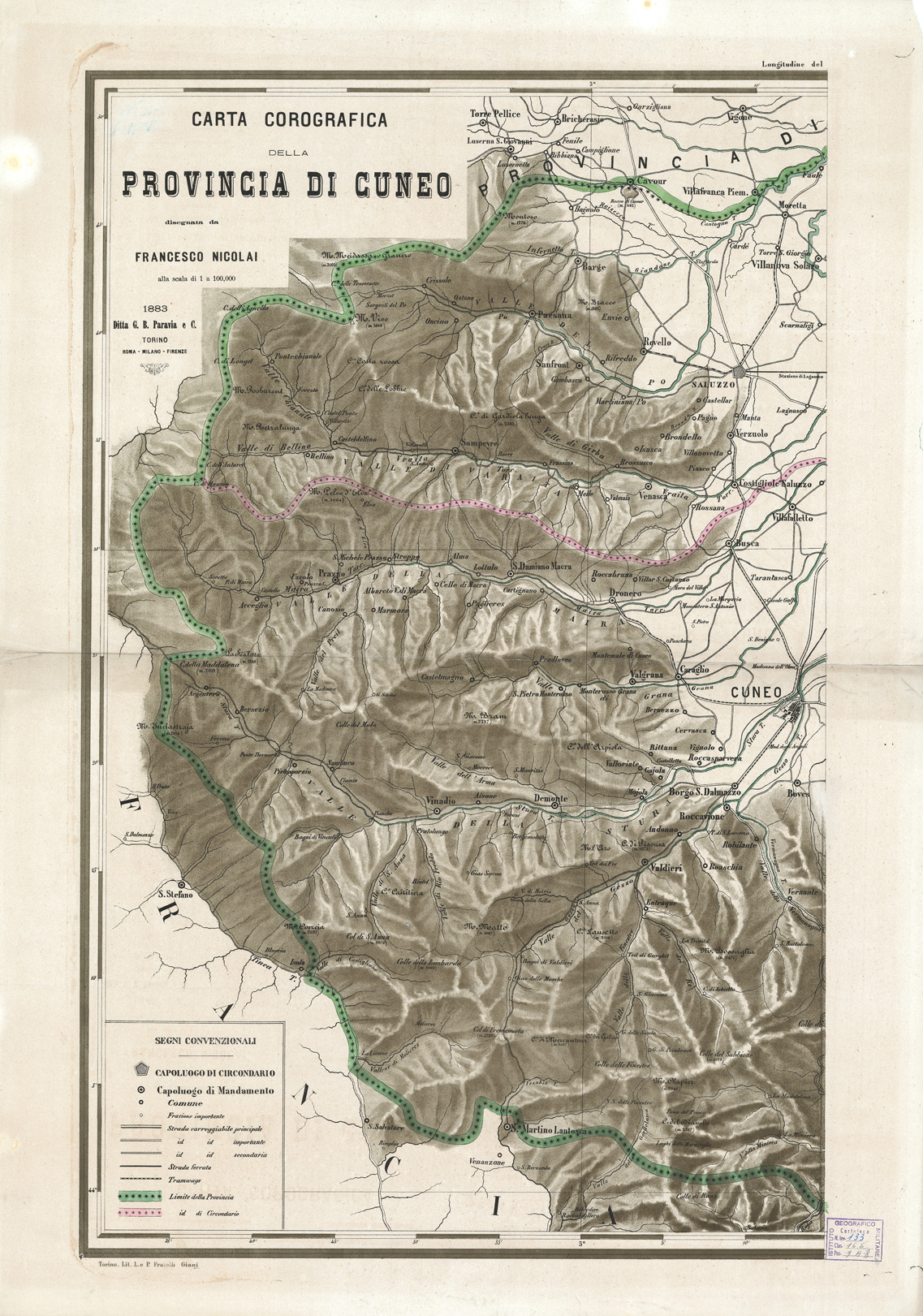 (N:826) CARTA COROGRAFICA DELLA PROVINCIA DI CUNEO - Foglio 1 (B0004345) Carte e stampe antiche: riproduzione a colori su carta (formato A1)