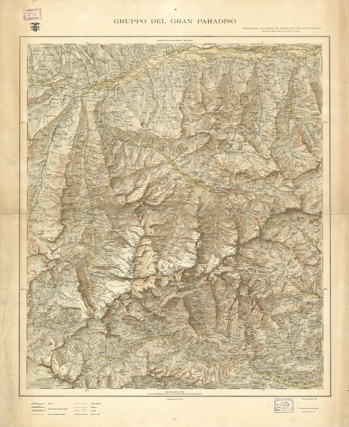 (N:10505) GRUPPO DEL GRAN PARADISO PUBBLICAZIONE FATTA SOTTO GLI AUSPICI DEL CLUB ALPINO ITALIANO, PROPRIETA' DELLE SEZIONI  DI TORINO E D'AOSTA. I.GM. (B0004353) Carte e stampe antiche: riproduzione a colori su carta (formato A1)