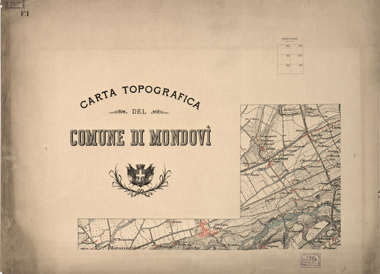 (N:6524) CARTA TOPOGRAFICA DEL COMUNE DI MONDOVI'- Foglio 1 (B0004370) Carte e stampe antiche: riproduzione a colori su carta (formato A1)