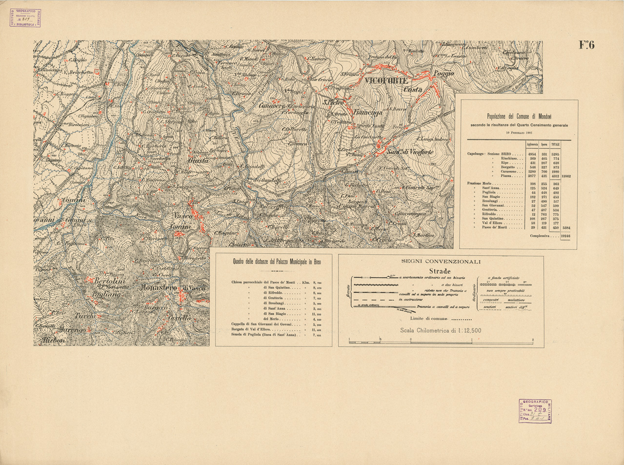 (N:6529) CARTA TOPOGRAFICA DEL COMUNE DI MONDOVI'- Foglio 6 (B0004375) Carte e stampe antiche: riproduzione a colori su carta (formato A1)
