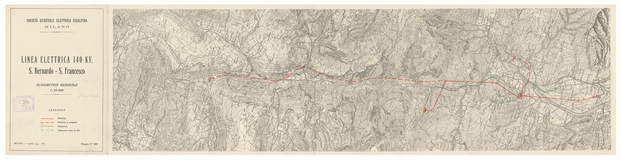 (N:15947) SOCIETA' GENERALE ELETTRICA CISALPINA - MILANO LINEA ELETTRICA 140 KV. - S. Bernardo - S. Francesco (B0004405) Carte e stampe antiche: riproduzione a colori su carta (formato A1)