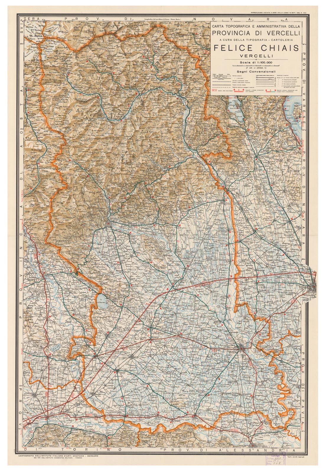 (N:8243) CARTA TOPOGRAFICA E AMMINISTRATIVA DELLA PROVINCIA DI VERCELLI (B0004450) Carte e stampe antiche: riproduzione a colori su carta (formato A1)