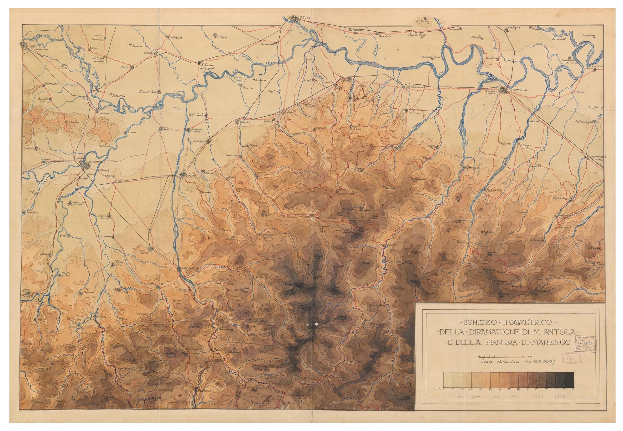 (N:15816) SCHIZZO IPOSOMETRICO DELLA DIRAMAZIONE DI M. ANTOLA E DELLA PIANURA DI MARENGO (B0004494) Carte e stampe antiche: riproduzione a colori su carta (formato A1)