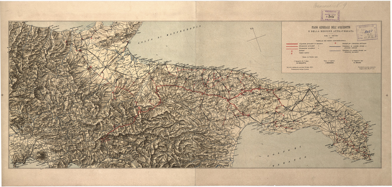 (N:13327) PIANO GENERALE DELL'ACQUEDOTTO PUGLIESE E DELLA REGIONE ATTRAVERSATA... (B0004524) Carte e stampe antiche: riproduzione a colori su carta (formato A1)