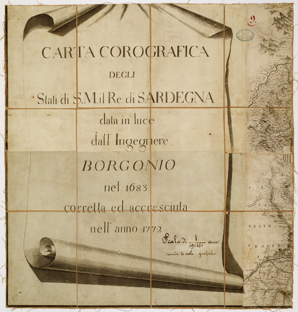 (N:801) CARTA COROGRAFICA DEGLI STATI DI S. M. IL RE DI SARDEGNA DATA IN LUCE DALL'INGEGNERE BORGONIO NEL 1683 CORRETTA ED ACCRESCIUTA NELL'ANNO 1772 - Foglio 9 (B0004553) Carte e stampe antiche: riproduzione a colori su carta (formato A1)