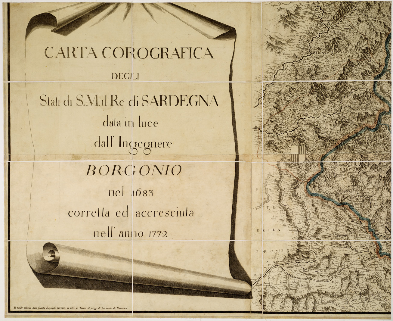 (N:5000) CARTA COROGRAFICA DEGLI STATI DI S. M. IL RE DI SARDEGNA DATA IN LUCE DALL'INGEGNERE BORGONIO NEL 1683 CORRETTA ED ACCRESCIUTA NELL'ANNO 1772 - Foglio 7 (B0004563) Carte e stampe antiche: riproduzione a colori su carta (formato A1)