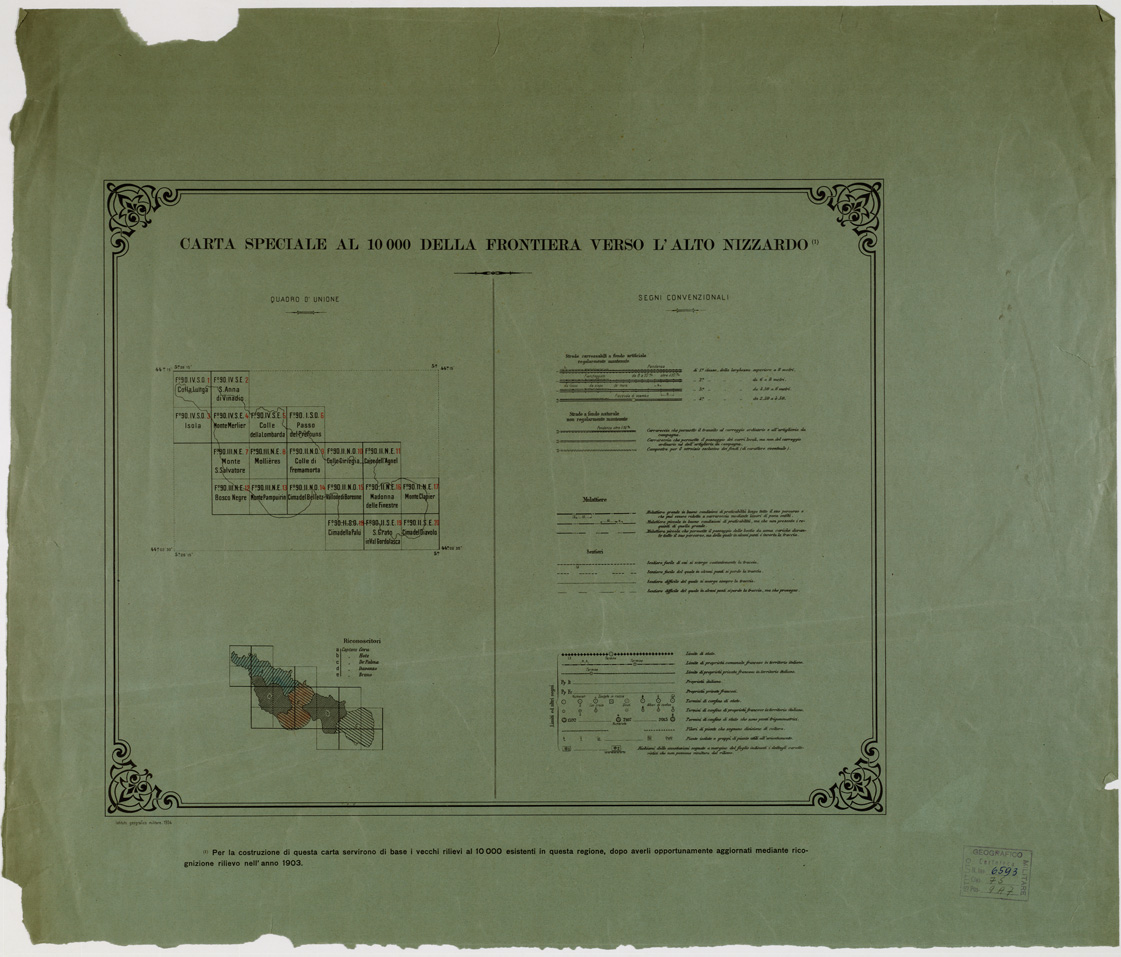 (N:13488) CARTA SPECIALE AL 10.000 DELLA FRONTIERA VERSO L'ALTO NIZZARDO - Quadro d'Unione (B0004585) Carte e stampe antiche: riproduzione a colori su carta (formato A1)