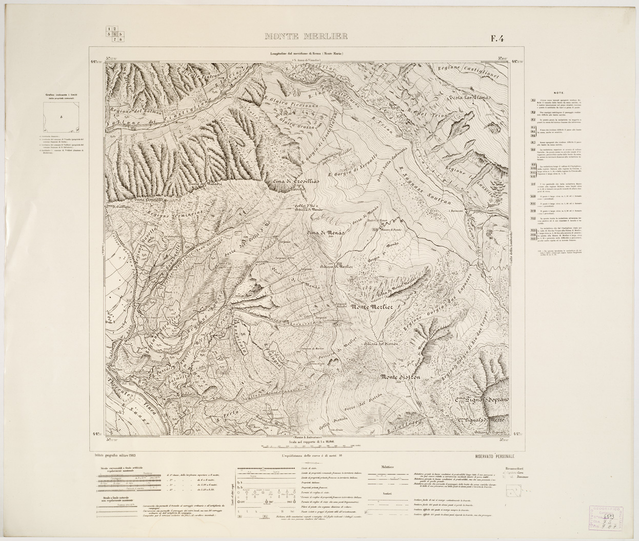 (N:13482) CARTA SPECIALE AL 10.000 DELLA FRONTIERA VERSO L'ALTO NIZZARDO - Foglio 4 - Monte Merlier (B0004589) Carte e stampe antiche: riproduzione a colori su carta (formato A1)