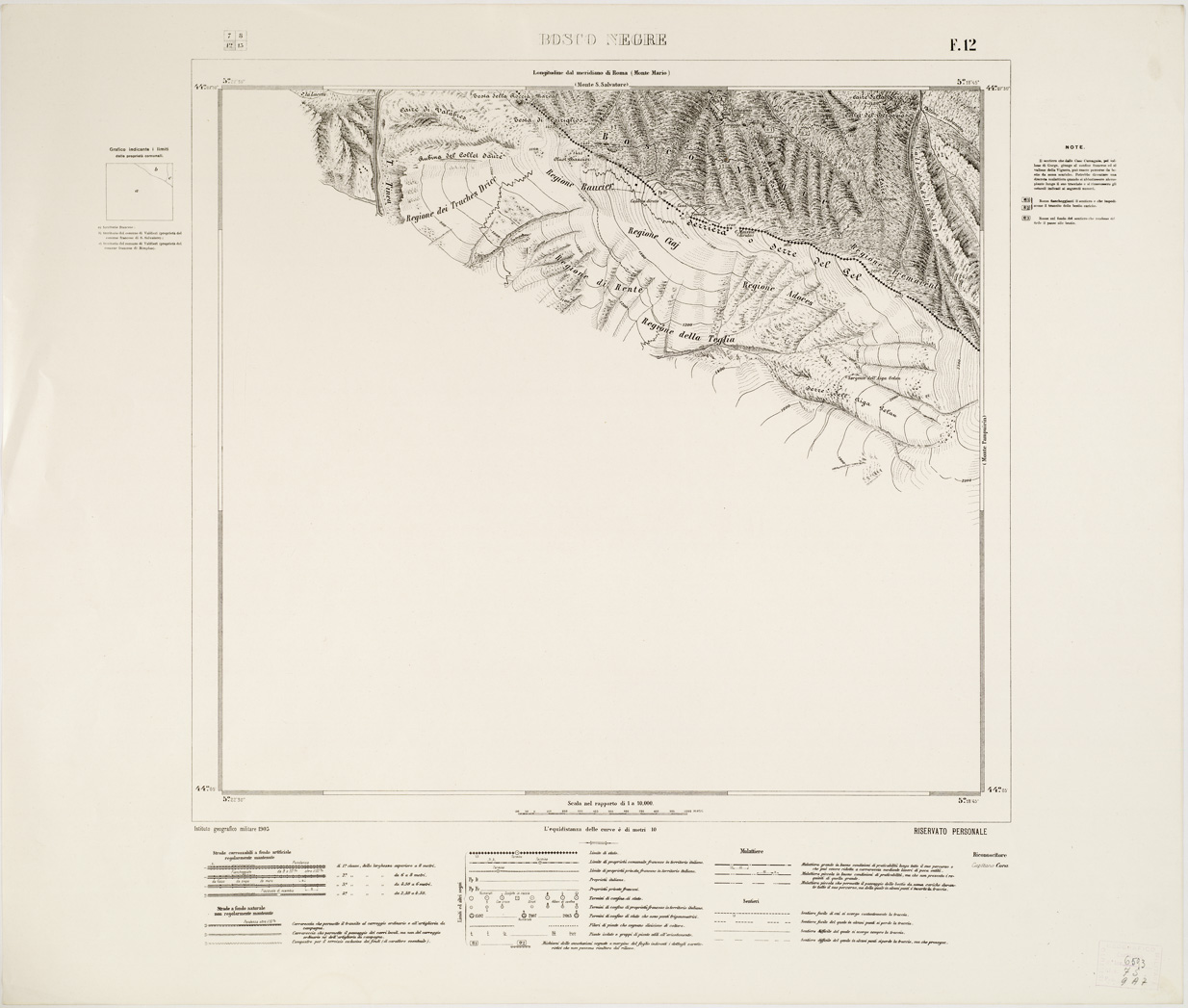 (N:13471) CARTA SPECIALE AL 10.000 DELLA FRONTIERA VERSO L'ALTO NIZZARDO - Foglio 12 - Bosco Negre (B0004597) Carte e stampe antiche: riproduzione a colori su carta (formato A1)