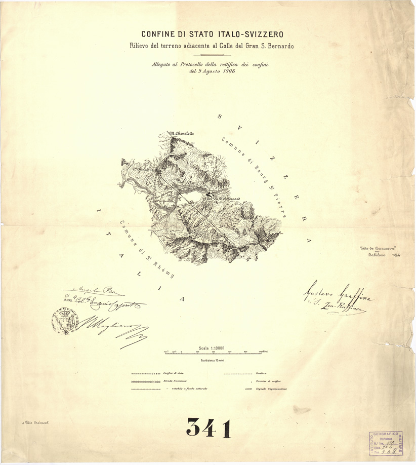 (N:9027) CONFINE DI STATO ITALO-SVIZZERO. RILIEVO DEL TERRENO ADIACENTE AL COLLE DEL GRAN S. BERNARDO... (B0004632) Carte e stampe antiche: riproduzione a colori su carta (formato A1)