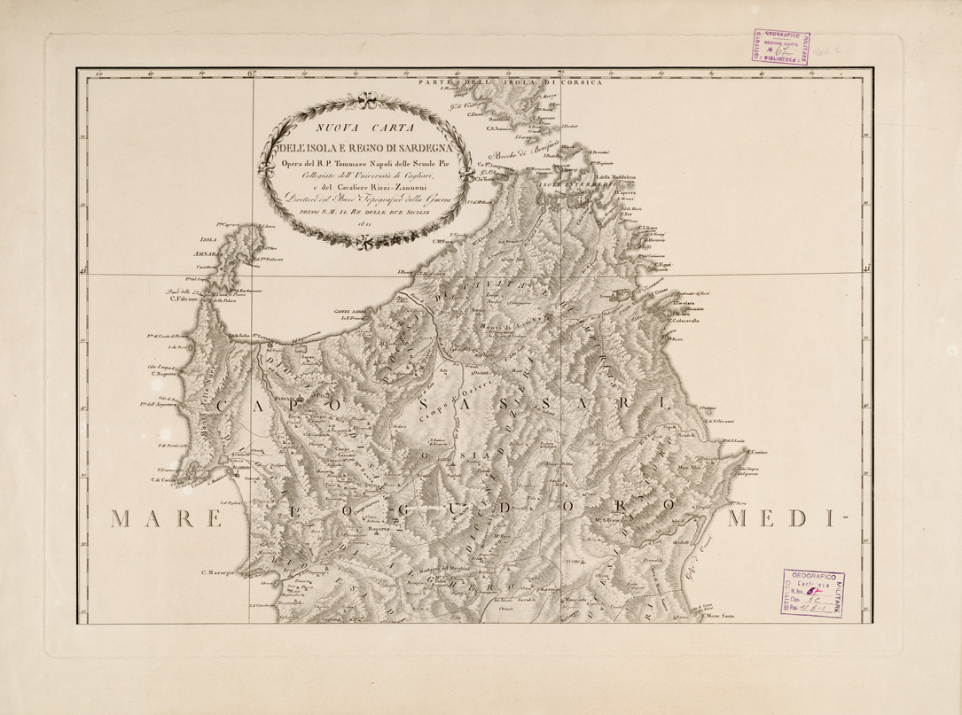 (N:12991) NUOVA CARTA DELL'ISOLA E REGNO DI SARDEGNA OPERA DEL R. P. TOMMASO NAPOLI DELLE SCUOLE PIE COLLEGIATO DELL'UNIVERSITA' DI CAGLIARI, E DEL CAV. RIZZI-ZANNONI DIRETTORE DEL BURO' TOPOGRAFICO DELLA GUERRA PRESSO S. M. IL RE DELLE DUE SICILIE, 1811. (B0004684) Carte e stampe antiche: riproduzione a colori su carta (formato A1)