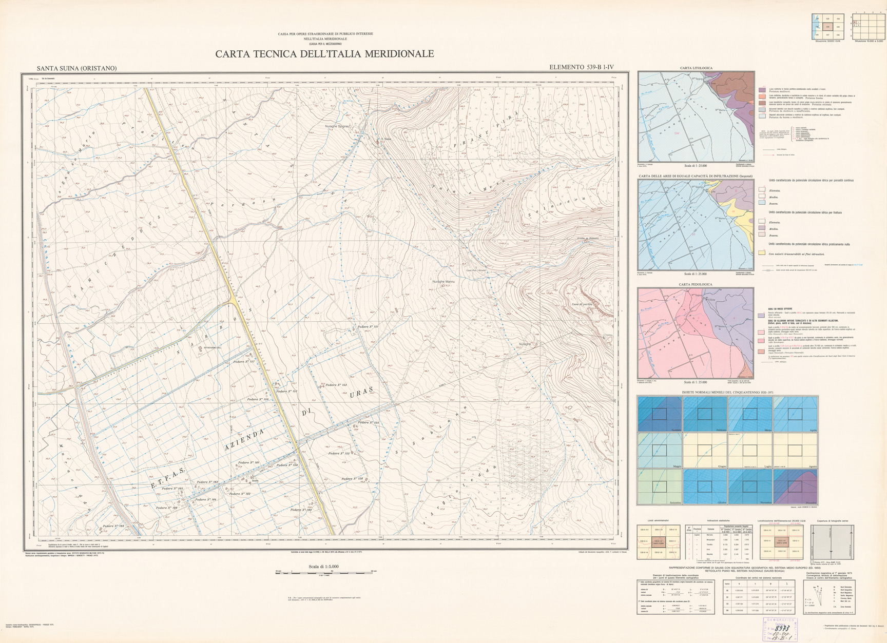 (N:6097) CARTA TECNICA DELL'ITALIA MERIDIONALE - INIZIO DEI RILIEVI SARDEGNA PER CONTO DELLA CASSA PER IL MEZZOGIORNO - Elemento 539-B1-IV - Santa Suina (Oristano) (B0004832) Carte e stampe antiche: riproduzione a colori su carta (formato A1)