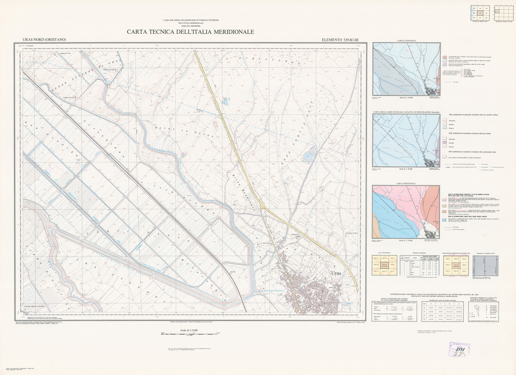 (N:6135) CARTA TECNICA DELL'ITALIA MERIDIONALE - INIZIO DEI RILIEVI SARDEGNA PER CONTO DELLA CASSA PER IL MEZZOGIORNO - Elemento 539-B1-III - Uras Nord (Oristano) (B0004834) Carte e stampe antiche: riproduzione a colori su carta (formato A1)