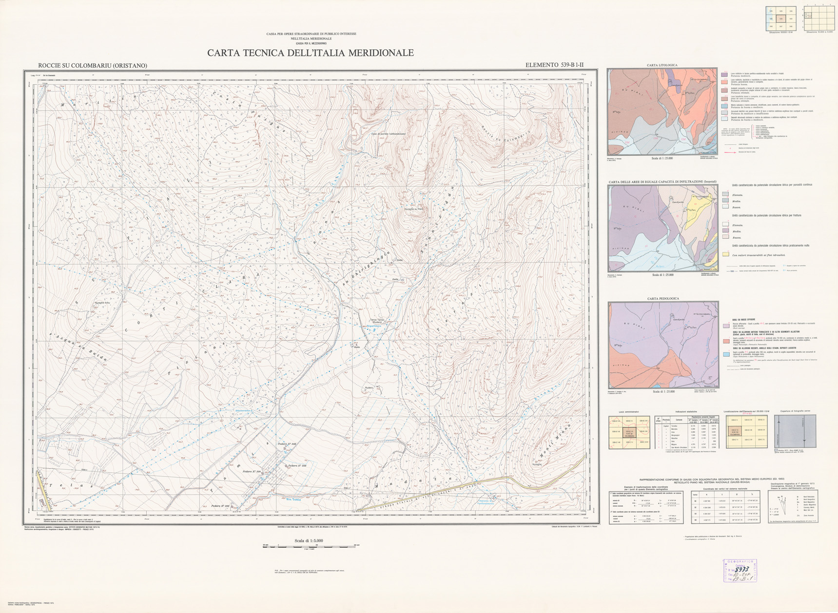 (N:6072) CARTA TECNICA DELL'ITALIA MERIDIONALE - INIZIO DEI RILIEVI SARDEGNA PER CONTO DELLA CASSA PER IL MEZZOGIORNO - Elemento 539-B1-II - Roccie su Colombariu (Oristano) (B0004836) Carte e stampe antiche: riproduzione a colori su carta (formato A1)