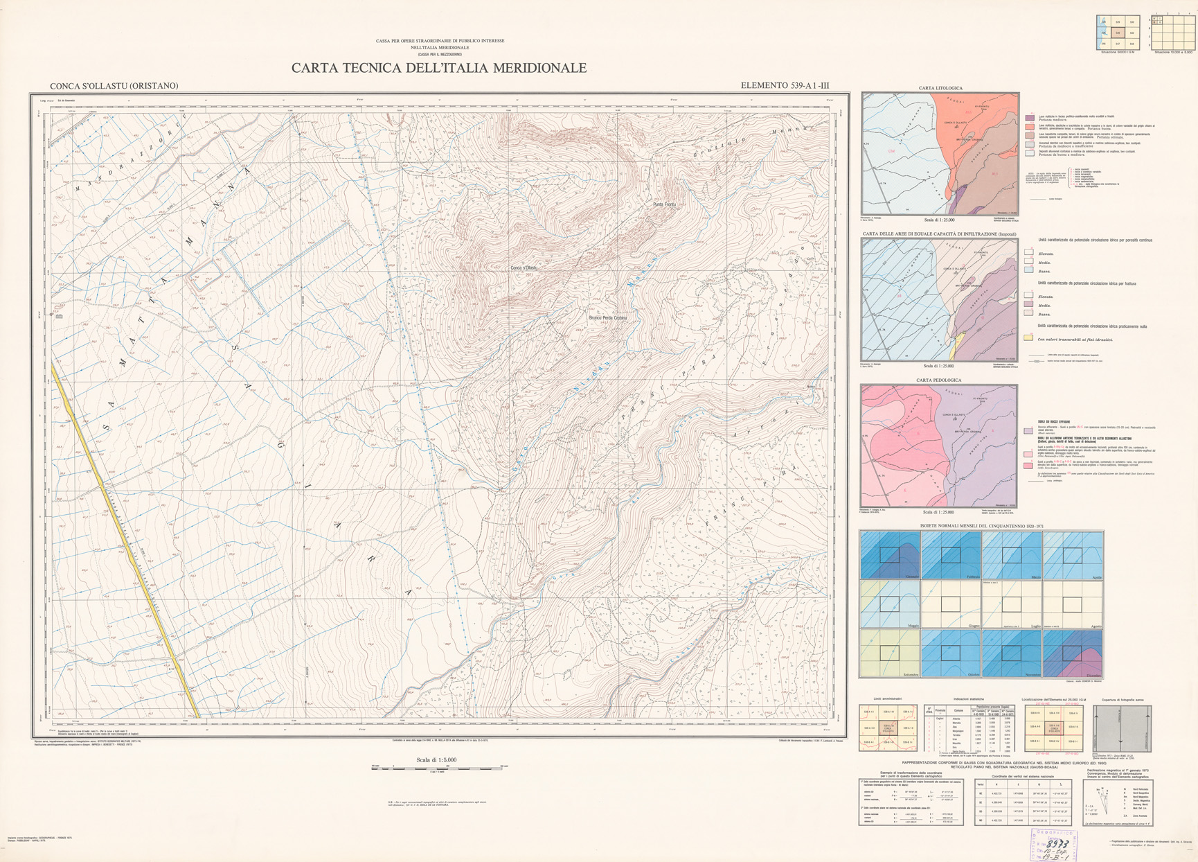(N:5963) CARTA TECNICA DELL'ITALIA MERIDIONALE - INIZIO DEI RILIEVI SARDEGNA PER CONTO DELLA CASSA PER IL MEZZOGIORNO - Elemento 539-A1-III - Conca S'Ollastu (Oristano) (B0004842) Carte e stampe antiche: riproduzione a colori su carta (formato A1)
