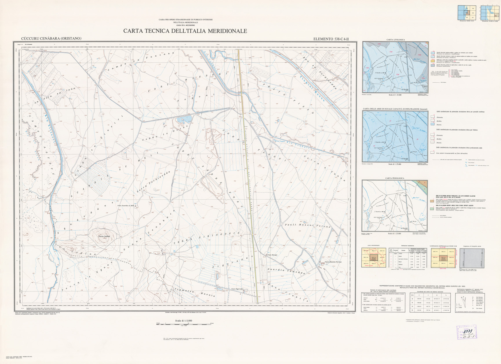 (N:5965) CARTA TECNICA DELL'ITALIA MERIDIONALE - INIZIO DEI RILIEVI SARDEGNA PER CONTO DELLA CASSA PER IL MEZZOGIORNO - Elemento 538-C4-II - Cuccuru Cenabara (Oristano) (B0004852) Carte e stampe antiche: riproduzione a colori su carta (formato A1)