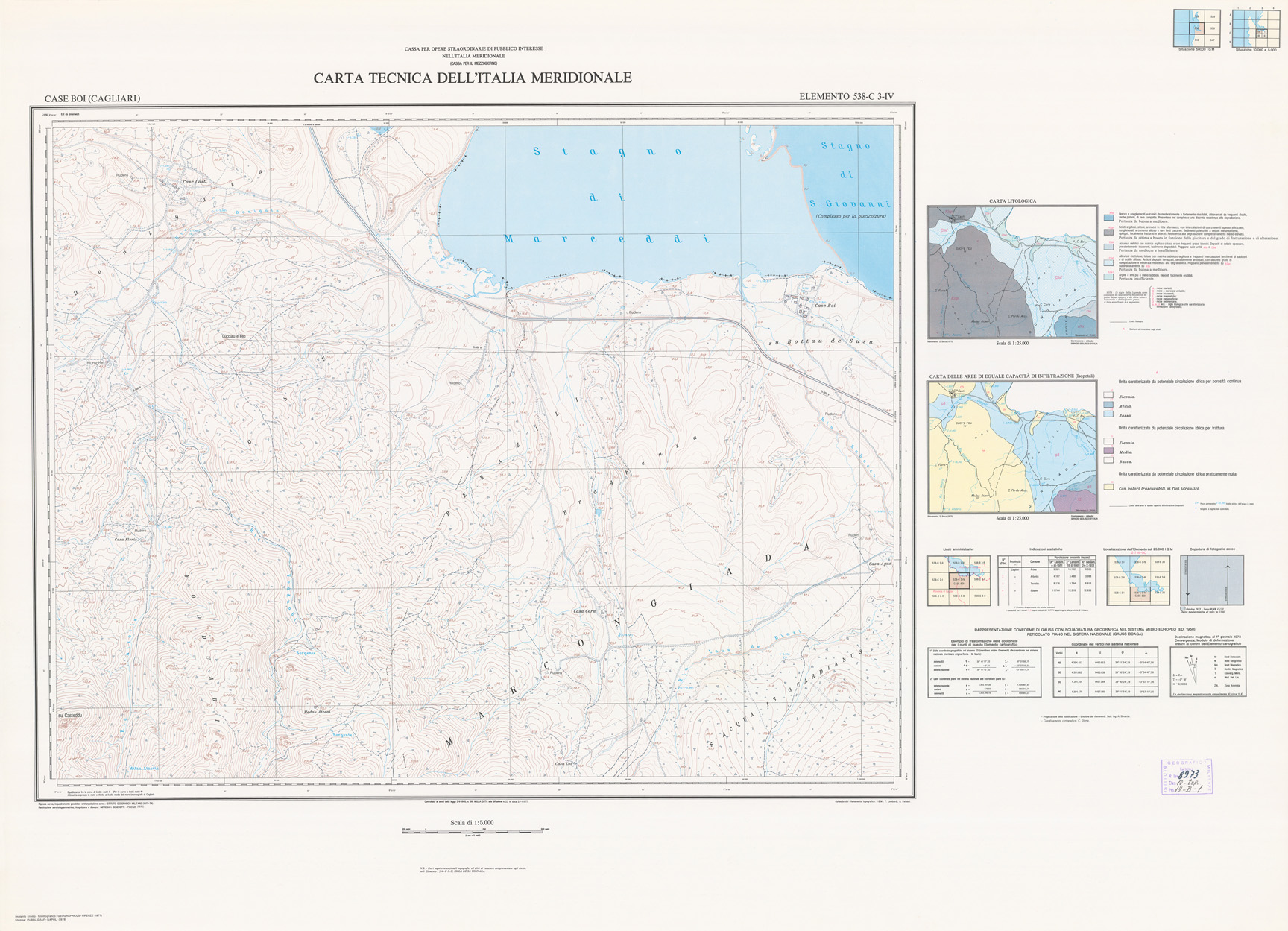(N:5953) CARTA TECNICA DELL'ITALIA MERIDIONALE - INIZIO DEI RILIEVI SARDEGNA PER CONTO DELLA CASSA PER IL MEZZOGIORNO - Elemento 538-C3-IV - Case Boi (Cagliari) (B0004856) Carte e stampe antiche: riproduzione a colori su carta (formato A1)