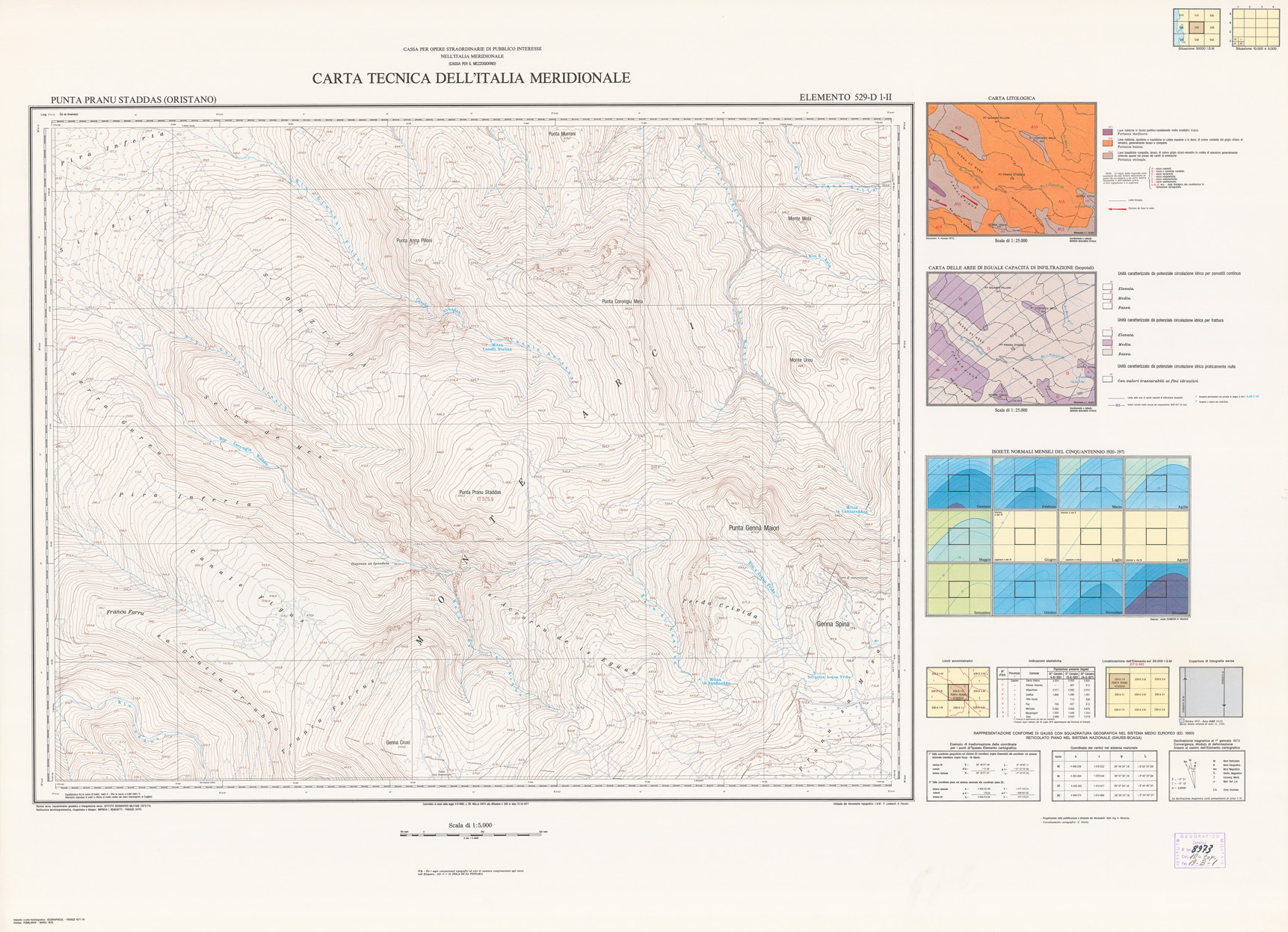 (N:6061) CARTA TECNICA DELL'ITALIA MERIDIONALE - INIZIO DEI RILIEVI SARDEGNA PER CONTO DELLA CASSA PER IL MEZZOGIORNO - Elemento 529-D1-II - Punta Pranu Staddas (Oristano) (B0004880) Carte e stampe antiche: riproduzione a colori su carta (formato A1)