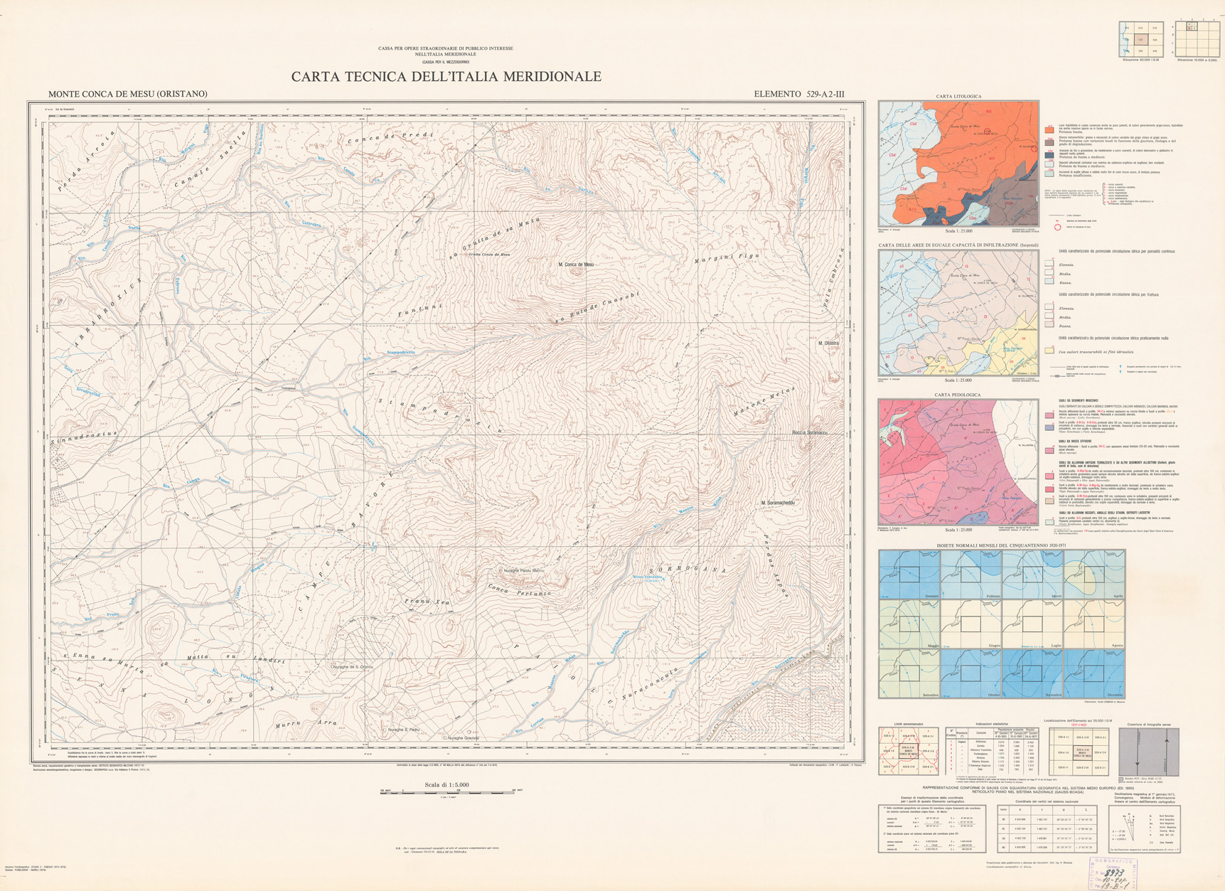 (N:5998) CARTA TECNICA DELL'ITALIA MERIDIONALE - INIZIO DEI RILIEVI SARDEGNA PER CONTO DELLA CASSA PER IL MEZZOGIORNO - Elemento 529-A2-III - Monte Conca De Mesu (Oristano) (B0004884) Carte e stampe antiche: riproduzione a colori su carta (formato A1)