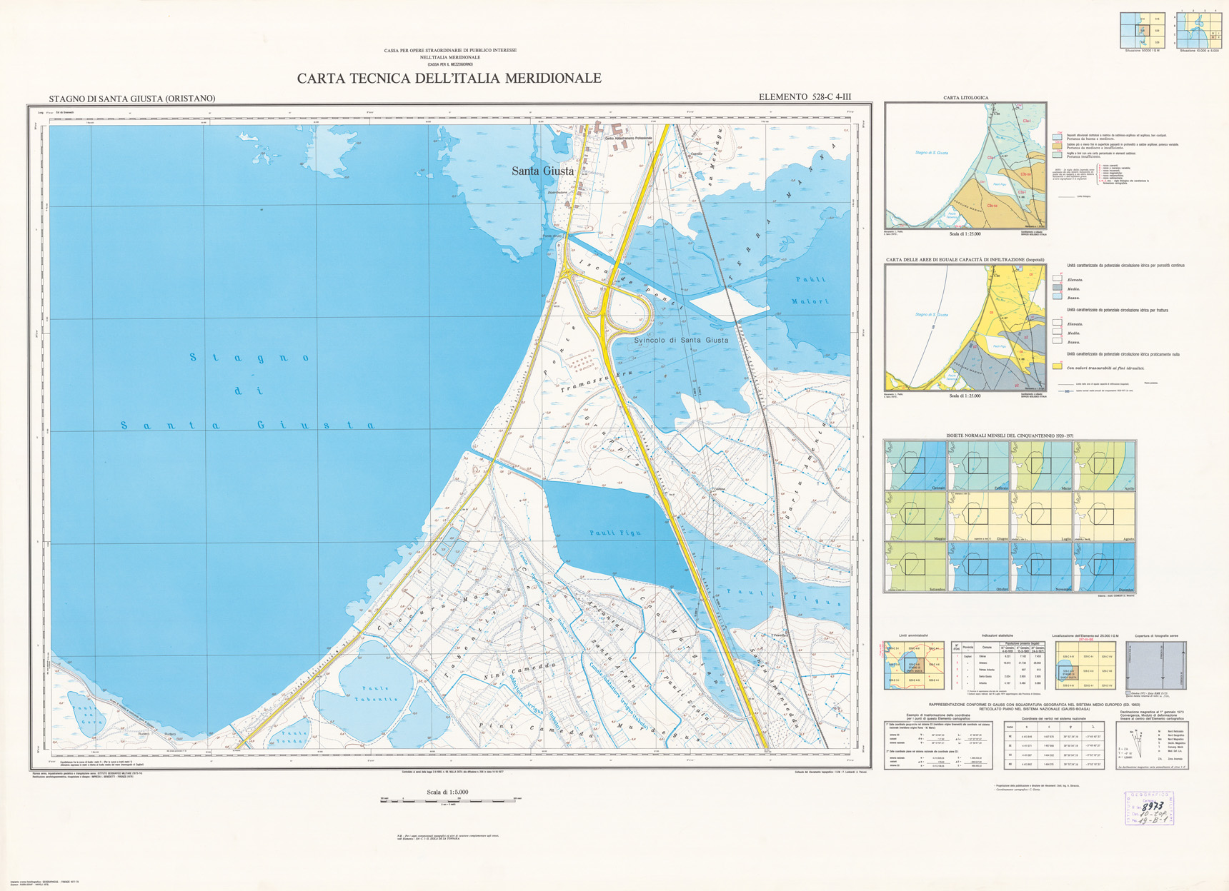 (N:6116) CARTA TECNICA DELL'ITALIA MERIDIONALE - INIZIO DEI RILIEVI SARDEGNA  Elemento 528-C4-III - Stagno di Santa Giusta (Oristano) (B0004912) Carte e stampe antiche: riproduzione a colori su carta (formato A1)