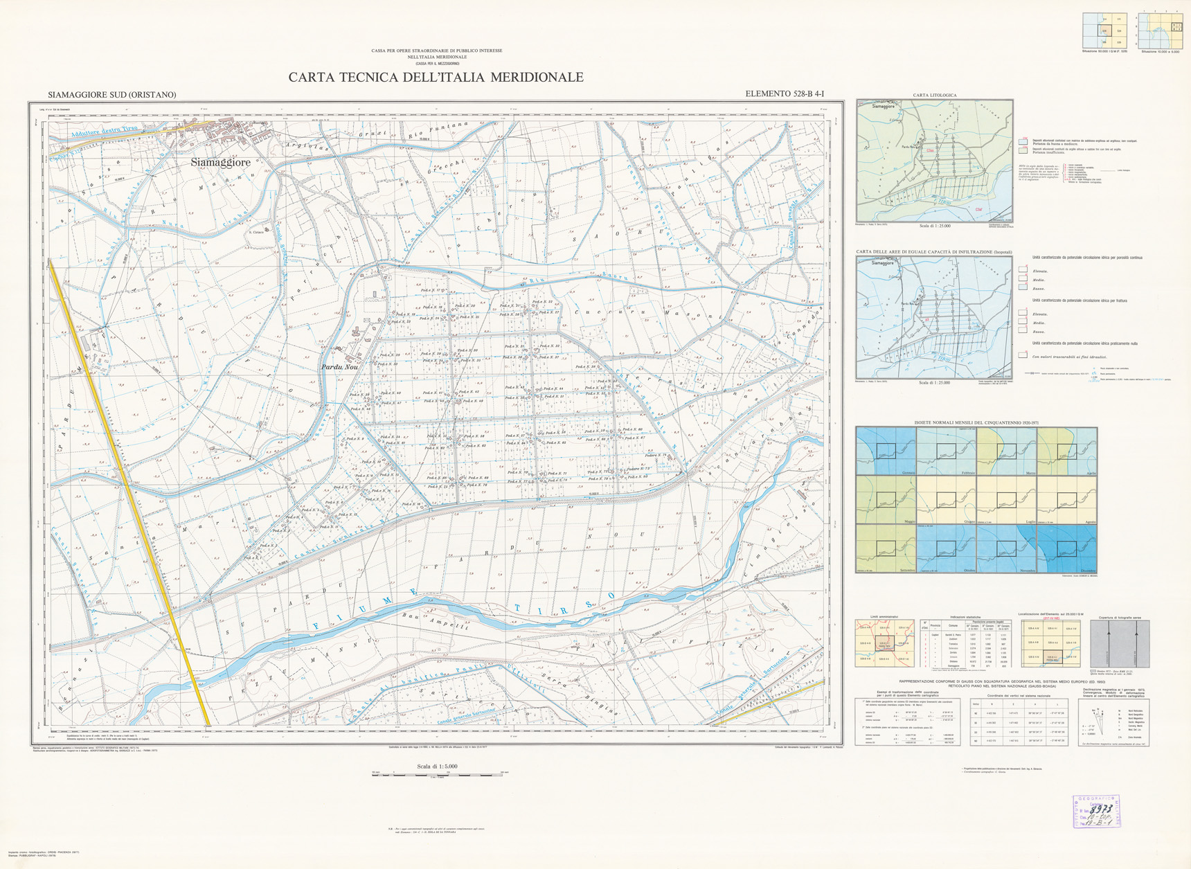 (N:6105) CARTA TECNICA DELL'ITALIA MERIDIONALE - INIZIO DEI RILIEVI SARDEGNA PER CONTO DELLA CASSA PER IL MEZZOGIORNO - Elemento 528-B4-I - Siamaggiore Sud (Oristano) (B0004936) Carte e stampe antiche: riproduzione a colori su carta (formato A1)