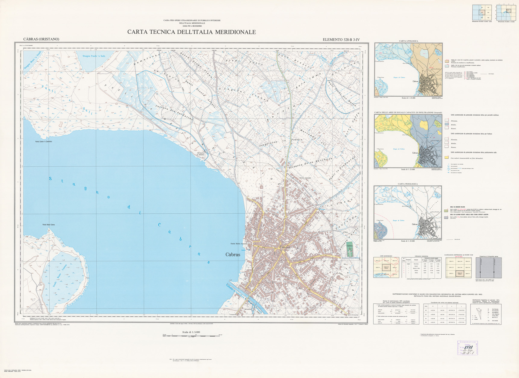 (N:5935) CARTA TECNICA DELL'ITALIA MERIDIONALE - INIZIO DEI RILIEVI SARDEGNA PER CONTO DELLA CASSA PER IL MEZZOGIORNO - Elemento 528-B3-IV - Cabras (Oristano) (B0004938) Carte e stampe antiche: riproduzione a colori su carta (formato A1)