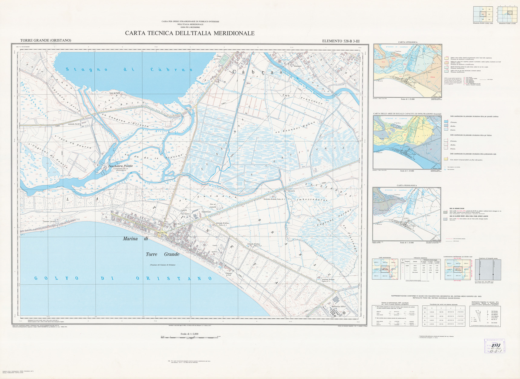 (N:6123) CARTA TECNICA DELL'ITALIA MERIDIONALE - INIZIO DEI RILIEVI SARDEGNA PER CONTO DELLA CASSA PER IL MEZZOGIORNO - Elemento 528-B3-III - Torre Grande (Oristano) (B0004940) Carte e stampe antiche: riproduzione a colori su carta (formato A1)