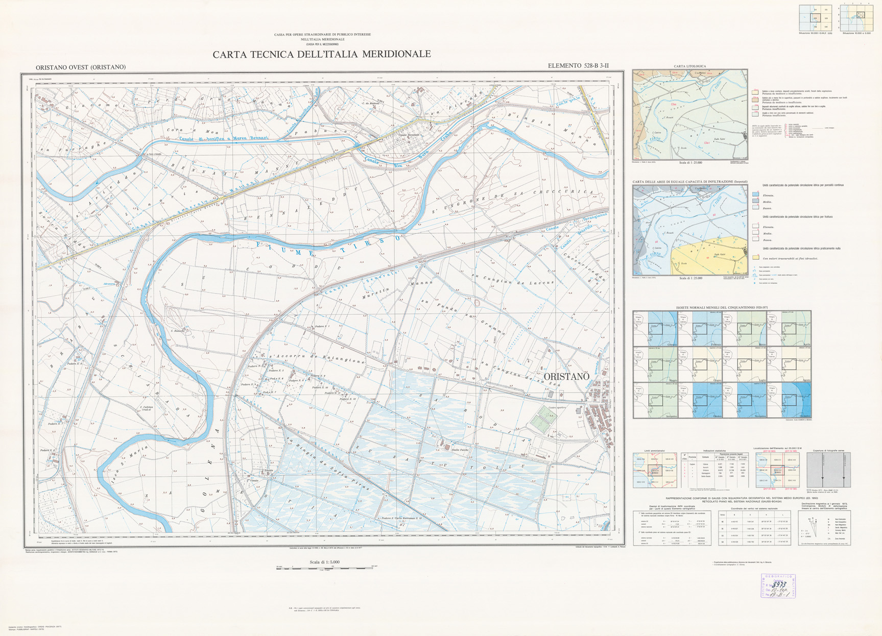 (N:6041) CARTA TECNICA DELL'ITALIA MERIDIONALE - INIZIO DEI RILIEVI SARDEGNA PER CONTO DELLA CASSA PER IL MEZZOGIORNO - Elemento 528-B3-II - Oristano Ovest(Oristano) (B0004942) Carte e stampe antiche: riproduzione a colori su carta (formato A1)