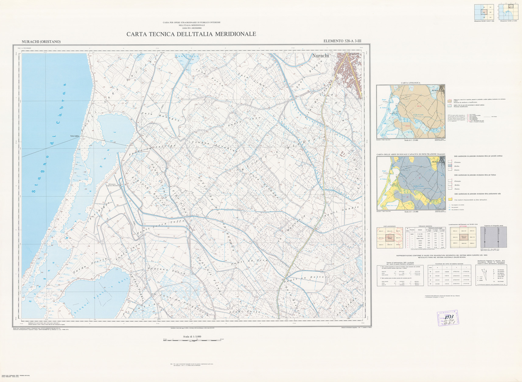 (N:6012) CARTA TECNICA DELL'ITALIA MERIDIONALE - INIZIO DEI RILIEVI SARDEGNA PER CONTO DELLA CASSA PER IL MEZZOGIORNO - Elemento 528-A3-III - Nurachi (Oristano) (B0004968) Carte e stampe antiche: riproduzione a colori su carta (formato A1)