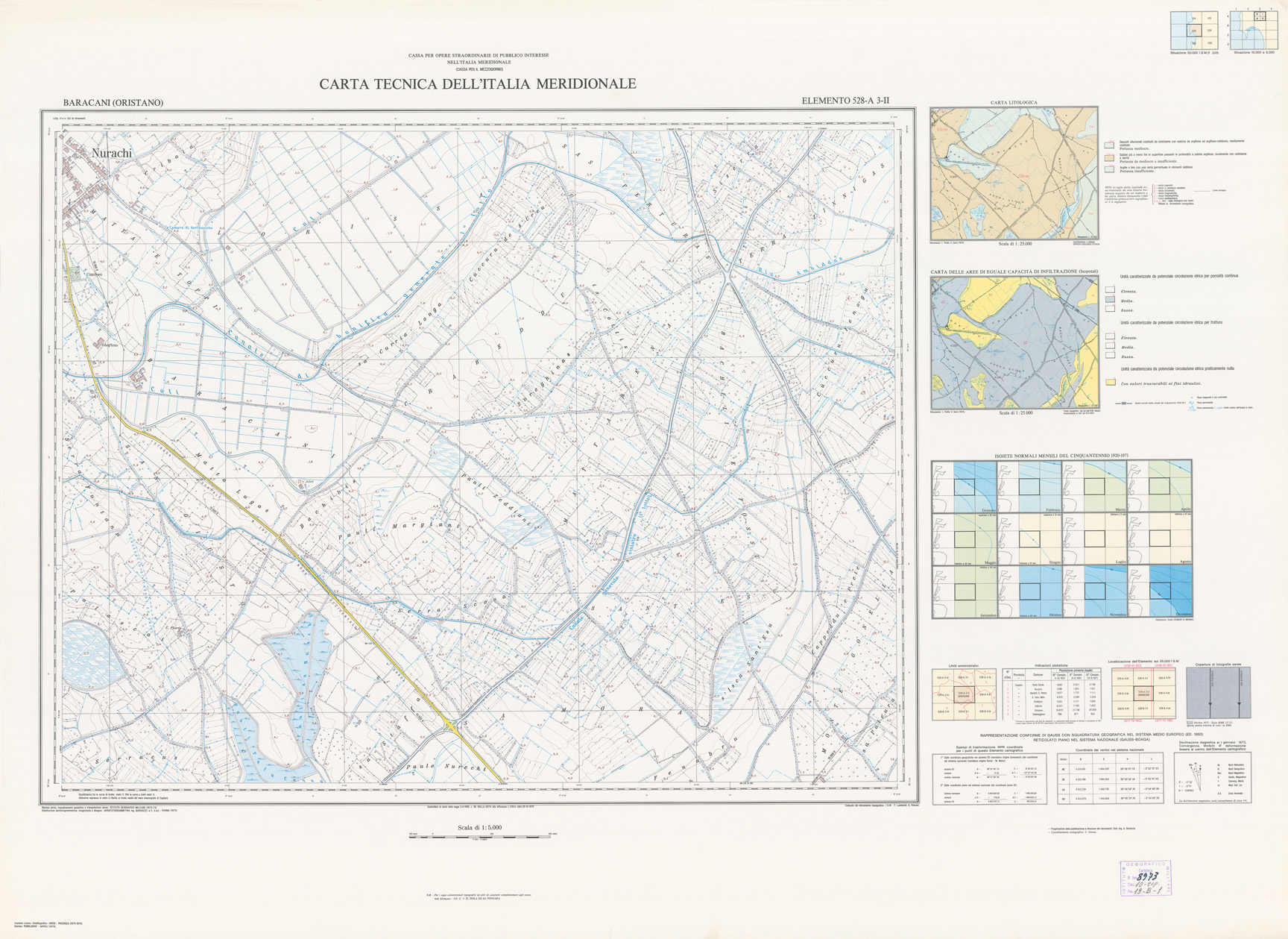 (N:5928) CARTA TECNICA DELL'ITALIA MERIDIONALE - INIZIO DEI RILIEVI SARDEGNA PER CONTO DELLA CASSA PER IL MEZZOGIORNO - Elemento 528-A3-II - Baracani (Oristano) (B0004970) Carte e stampe antiche: riproduzione a colori su carta (formato A1)