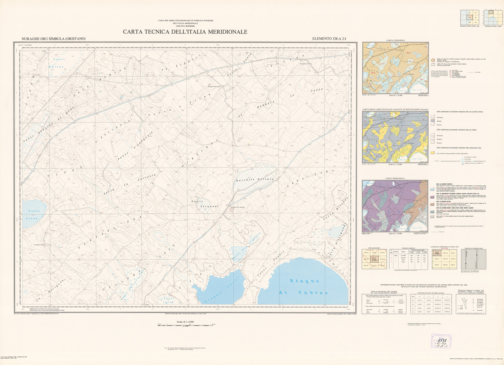 (N:6023) CARTA TECNICA DELL'ITALIA MERIDIONALE - INIZIO DEI RILIEVI SARDEGNA PER CONTO DELLA CASSA PER IL MEZZOGIORNO - Elemento 528-A2-I - Nuraghe Oru Simbula (Oristano) (B0004980) Carte e stampe antiche: riproduzione a colori su carta (formato A1)