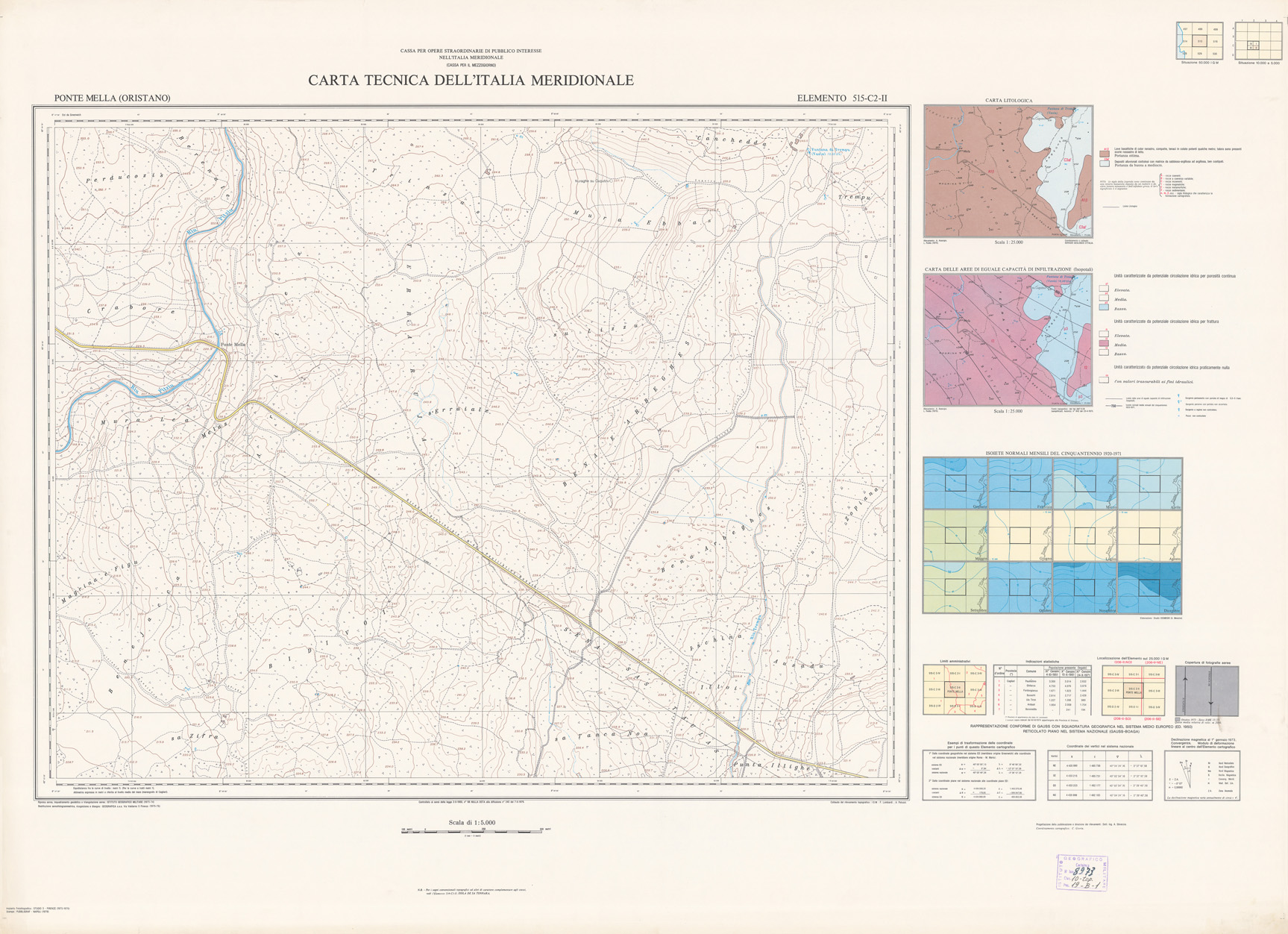 (N:6051) CARTA TECNICA DELL'ITALIA MERIDIONALE - INIZIO DEI RILIEVI SARDEGNA PER CONTO DELLA CASSA PER IL MEZZOGIORNO - Elemento 515-C2-II - Ponte Mella (Oristano) (B0005004) Carte e stampe antiche: riproduzione a colori su carta (formato A1)