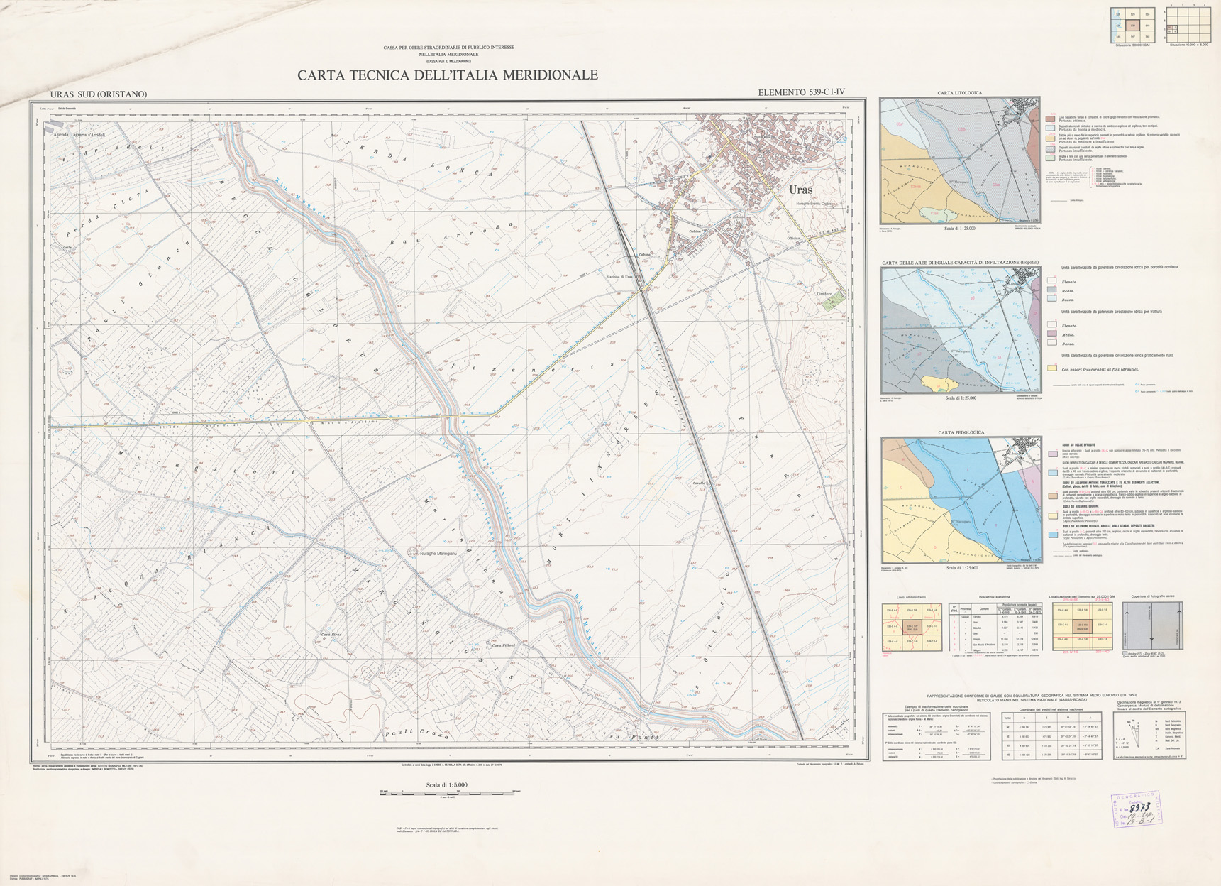 (N:6137) CARTA TECNICA DELL'ITALIA MERIDIONALE - INIZIO DEI RILIEVI SARDEGNA PER CONTO DELLA CASSA PER IL MEZZOGIORNO - Elemento 539-C1-IV - Uras Sud (Oristano) (B0005006) Carte e stampe antiche: riproduzione a colori su carta (formato A1)