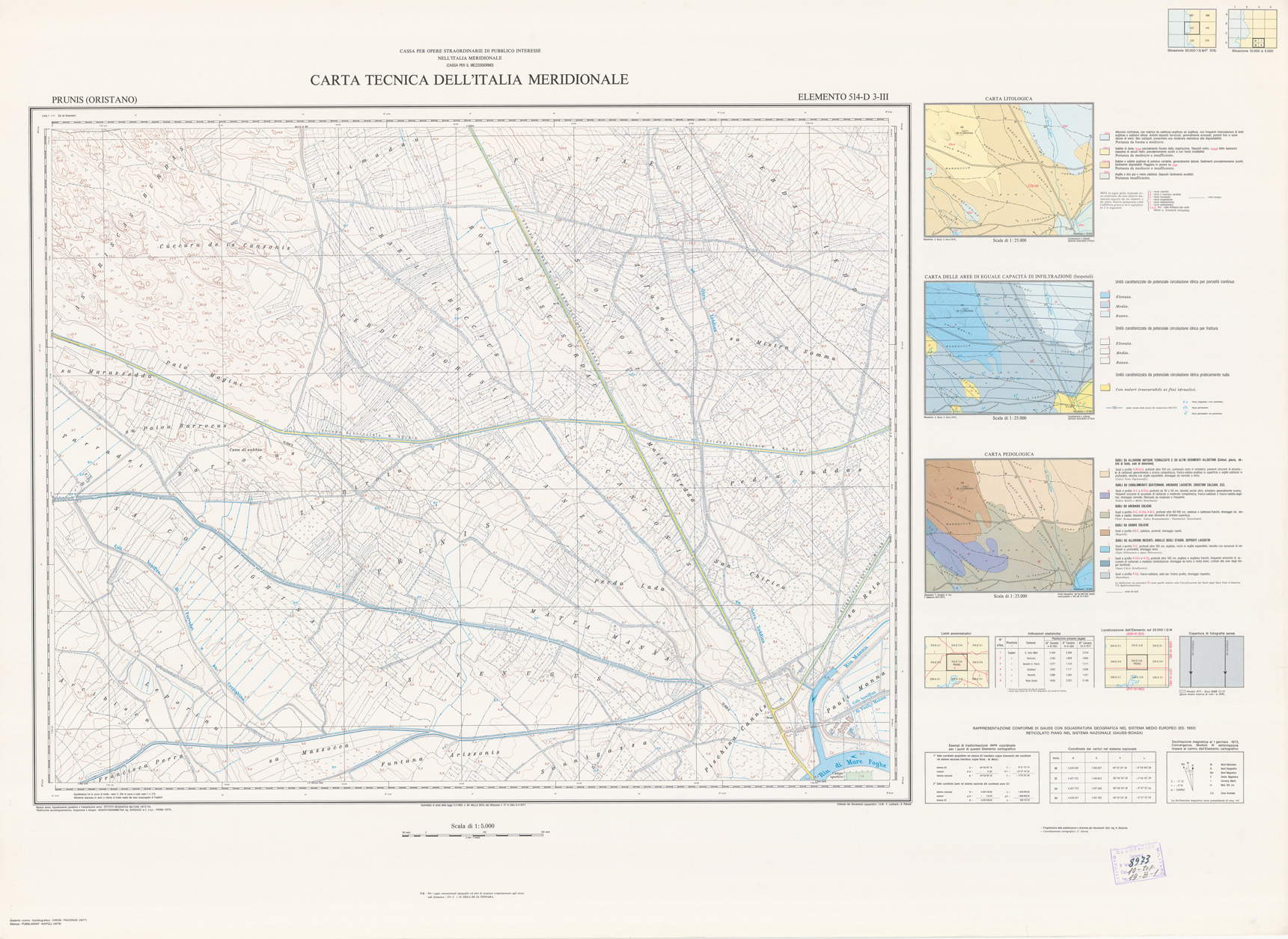 (N:6057) CARTA TECNICA DELL'ITALIA MERIDIONALE - INIZIO DEI RILIEVI SARDEGNA PER CONTO DELLA CASSA PER IL MEZZOGIORNO - Elemento 514-D3-III - Prunis (Oristano) (B0005022) Carte e stampe antiche: riproduzione a colori su carta (formato A1)