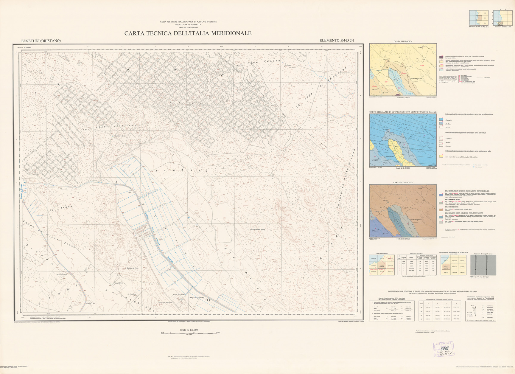(N:5933) CARTA TECNICA DELL'ITALIA MERIDIONALE - INIZIO DEI RILIEVI SARDEGNA PER CONTO DELLA CASSA PER IL MEZZOGIORNO - Elemento 514-D2-I - Benetudi (Oristano) (B0005034) Carte e stampe antiche: riproduzione a colori su carta (formato A1)