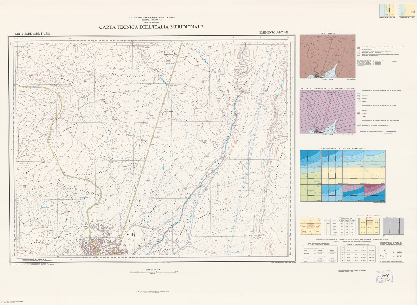 (N:5990) CARTA TECNICA DELL'ITALIA MERIDIONALE - INIZIO DEI RILIEVI SARDEGNA PER CONTO DELLA CASSA PER IL MEZZOGIORNO - Elemento 514-C4-II - Milis Nord (Oristano) (B0005042) Carte e stampe antiche: riproduzione a colori su carta (formato A1)